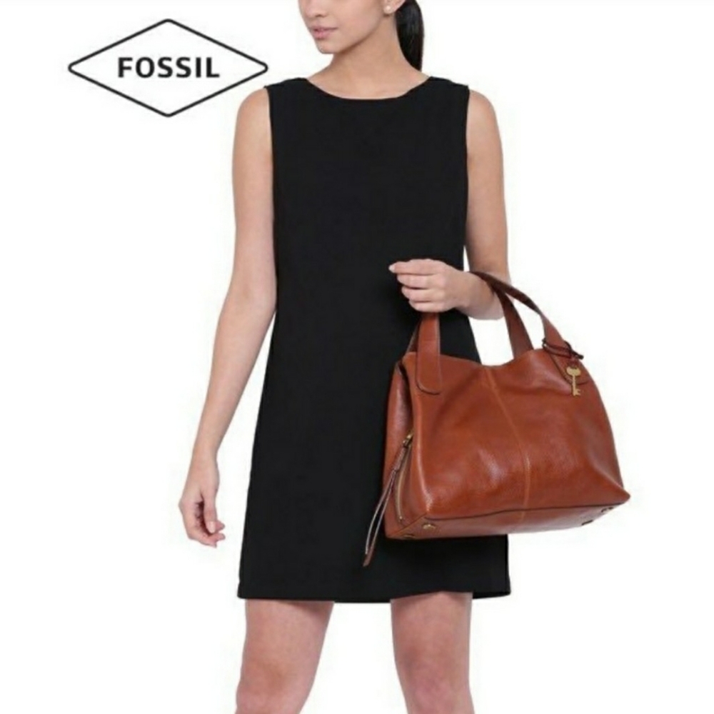 Fossil Maya Satchel Tote Brown Cow Hide Leather Detachable Crossbody Strap